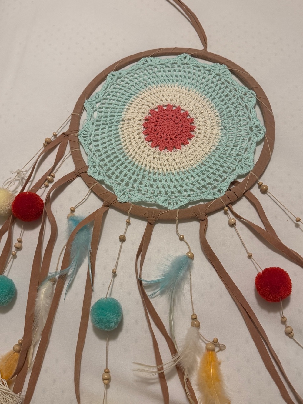 Handmade Crochet Dreamcatcher with Feathers and Pom-Poms - Mint, Cream, Coral